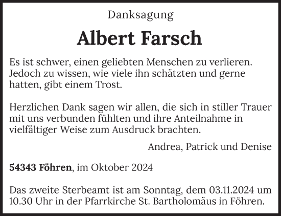 Traueranzeige von Albert Farsch von trierischer_volksfreund