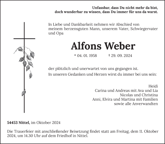 Traueranzeige von Alfons Weber von trierischer_volksfreund