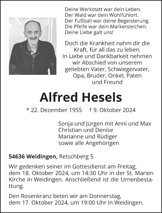 Traueranzeige von Alfred Hesels von trierischer_volksfreund