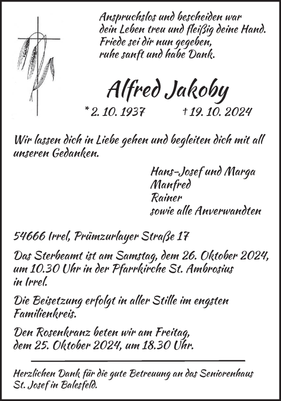 Traueranzeige von Alfred Jakoby von trierischer_volksfreund