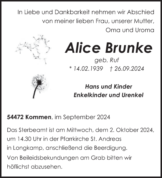 Traueranzeige von Alice Brunke von trierischer_volksfreund