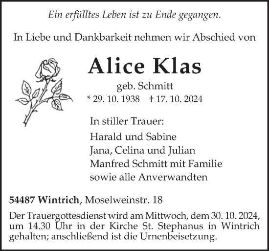 Traueranzeige von Alice Klas von trierischer_volksfreund