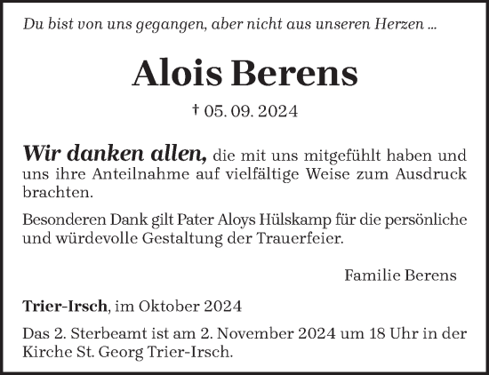 Traueranzeige von Alois Berens von trierischer_volksfreund