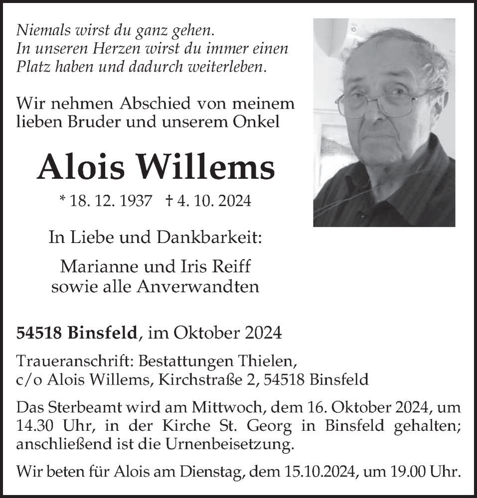  Traueranzeige für Alois Willems vom 09.10.2024 aus trierischer_volksfreund