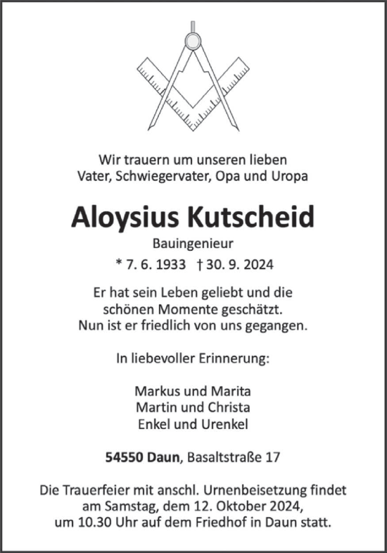 Traueranzeige von Aloysius Kutscheid von trierischer_volksfreund