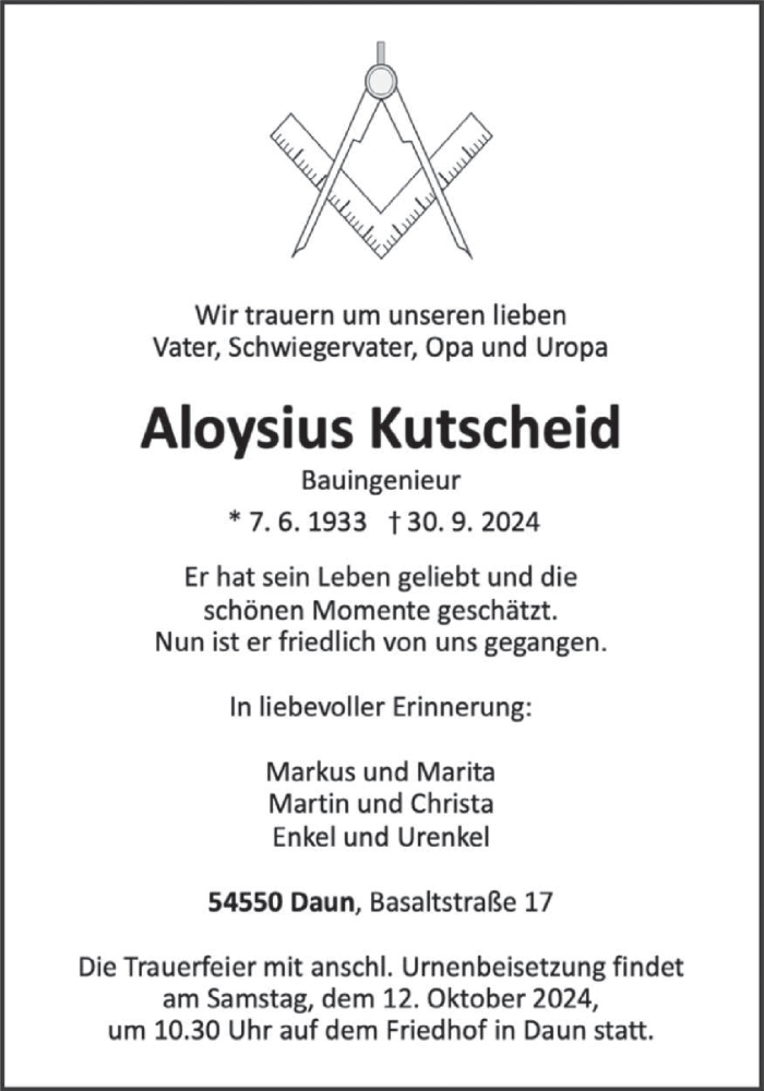  Traueranzeige für Aloysius Kutscheid vom 11.10.2024 aus trierischer_volksfreund