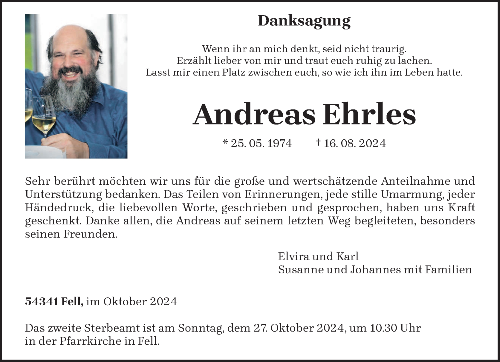  Traueranzeige für Andreas Ehrles vom 19.10.2024 aus trierischer_volksfreund