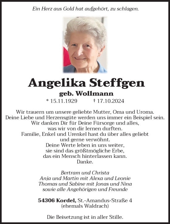 Traueranzeige von Angelika Steffgen von trierischer_volksfreund