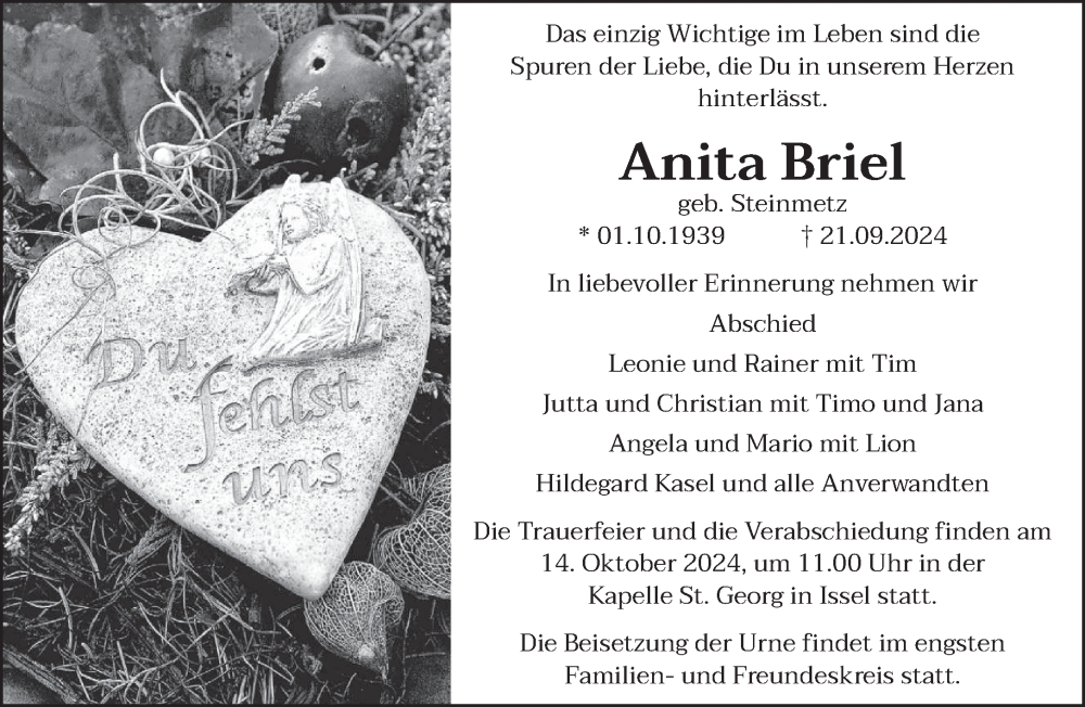  Traueranzeige für Anita Briel vom 10.10.2024 aus trierischer_volksfreund