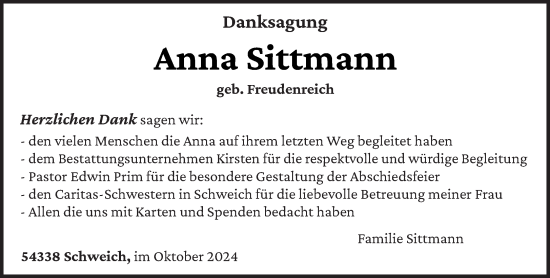 Traueranzeige von Anna Sittmann von trierischer_volksfreund