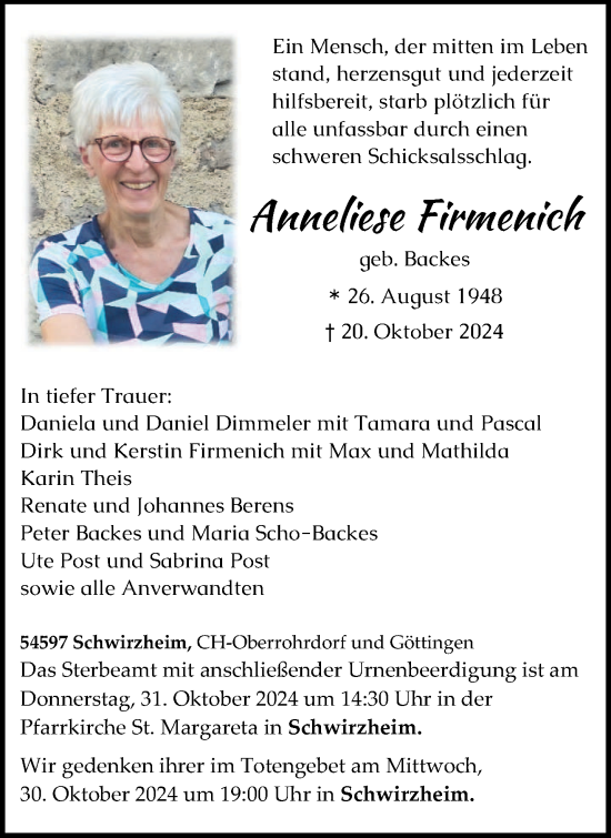 Traueranzeige von Anneliese Firmenich von trierischer_volksfreund