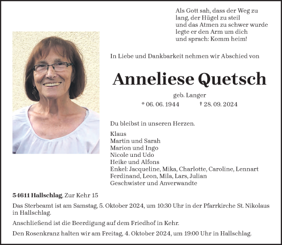 Traueranzeige von Anneliese Quetsch von trierischer_volksfreund