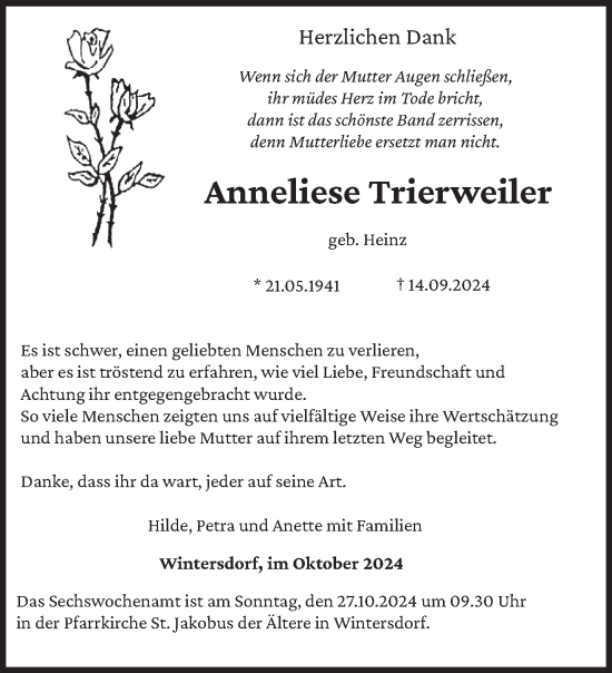 Traueranzeige von Anneliese Trierweiler von trierischer_volksfreund