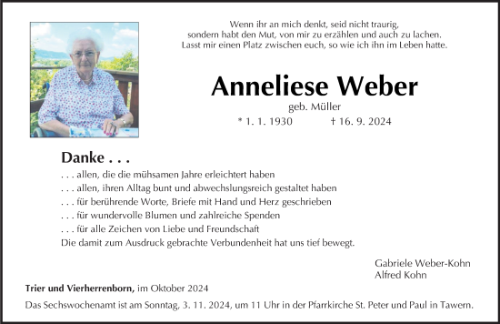 Traueranzeige von Anneliese Weber von trierischer_volksfreund