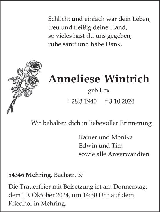 Traueranzeige von Anneliese Wintrich von trierischer_volksfreund