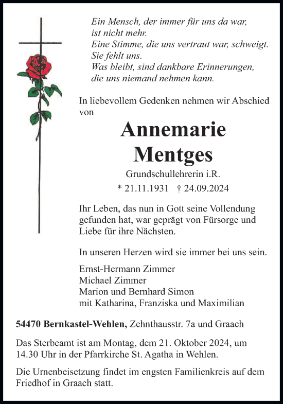 Traueranzeige von Annemarie Mentges von trierischer_volksfreund