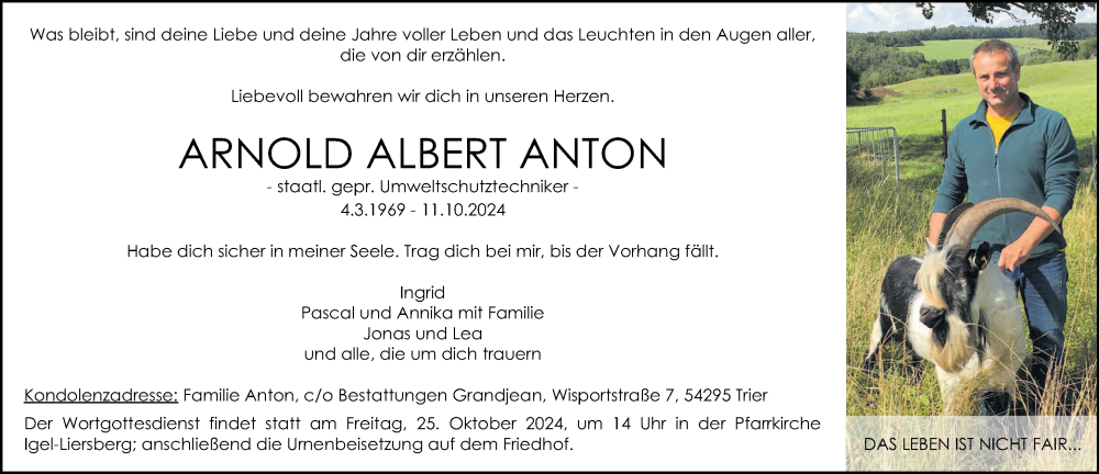  Traueranzeige für Arnold Albert Anton vom 19.10.2024 aus trierischer_volksfreund