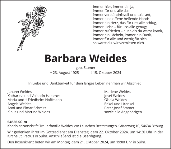 Traueranzeige von Barbara Weides von trierischer_volksfreund