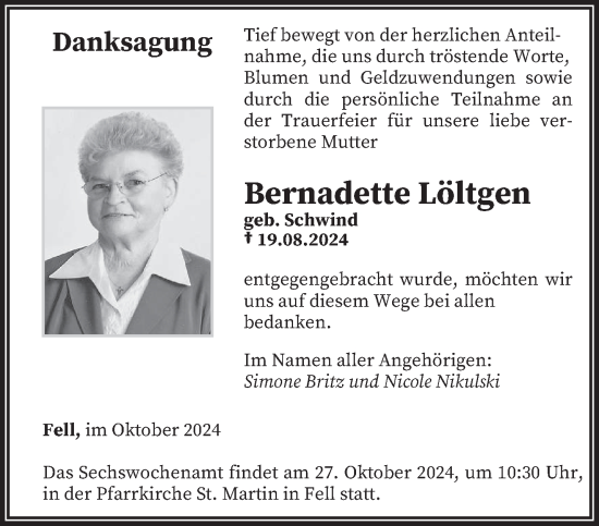 Traueranzeige von Bernadette Löltgen von trierischer_volksfreund