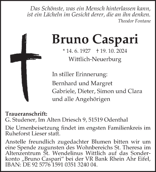 Traueranzeige von Bruno Caspari von trierischer_volksfreund