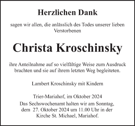 Traueranzeige von Christa Kroschinsky von trierischer_volksfreund