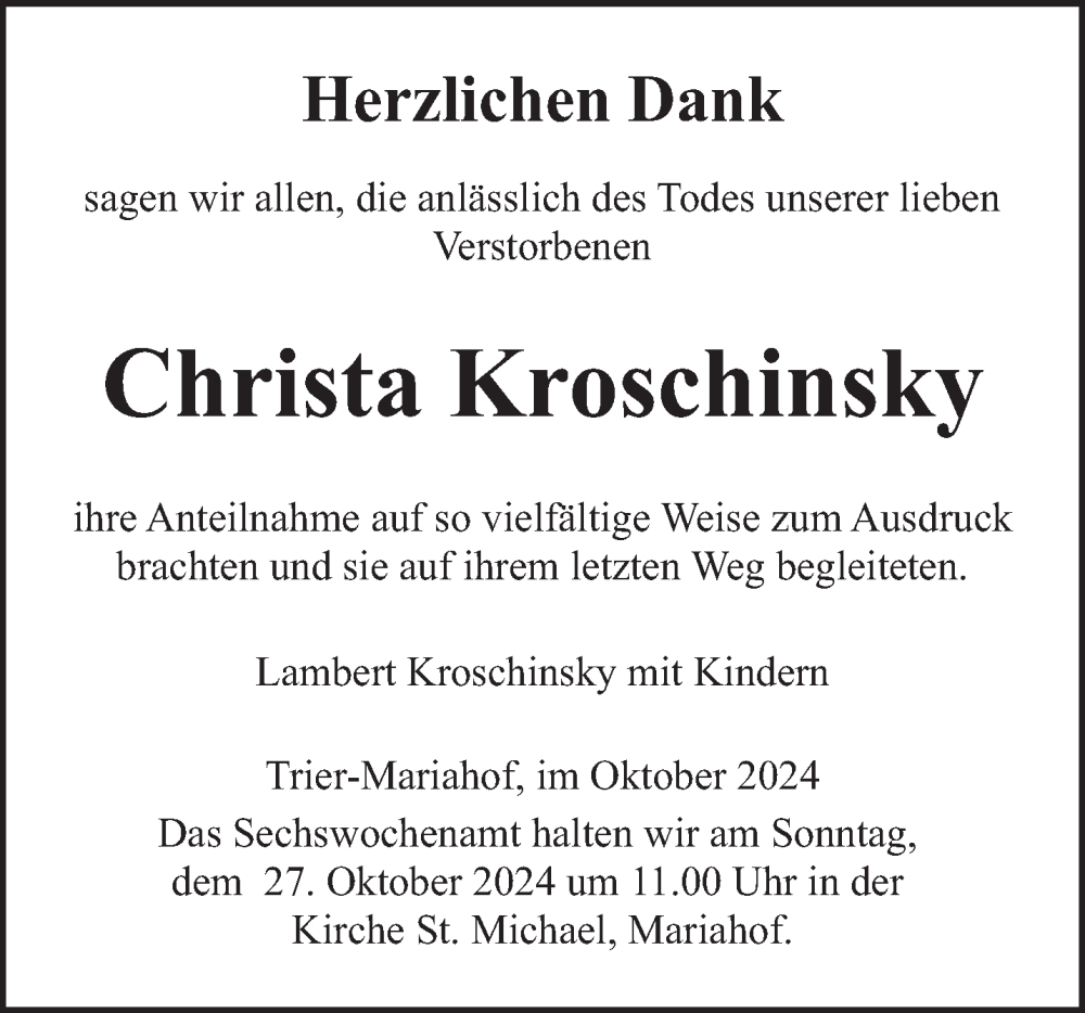  Traueranzeige für Christa Kroschinsky vom 26.10.2024 aus trierischer_volksfreund