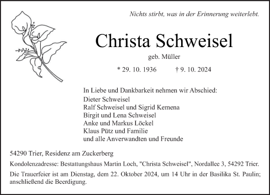 Traueranzeige von Christa Schweisel von trierischer_volksfreund