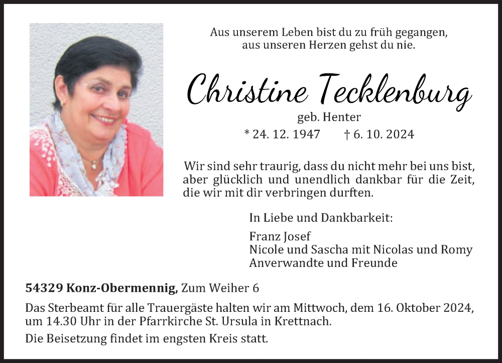  Traueranzeige für Christine Tecklenburg vom 12.10.2024 aus trierischer_volksfreund