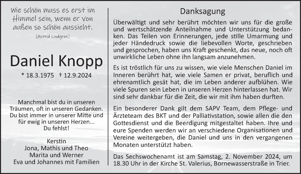  Traueranzeige für Daniel Knopp vom 12.10.2024 aus trierischer_volksfreund