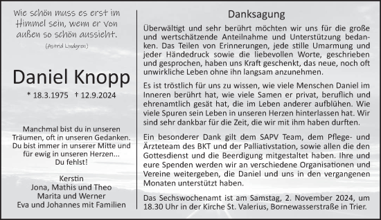 Traueranzeige von Daniel Knopp von trierischer_volksfreund