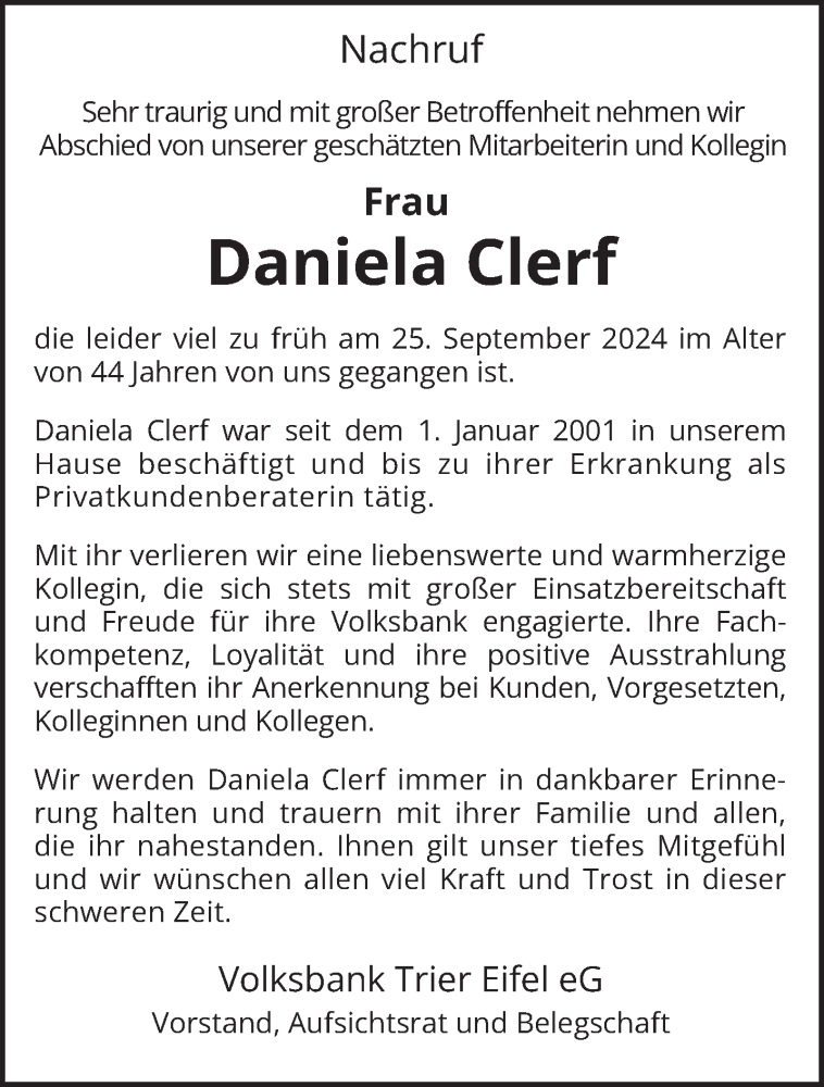  Traueranzeige für Daniela Clerf vom 02.10.2024 aus trierischer_volksfreund