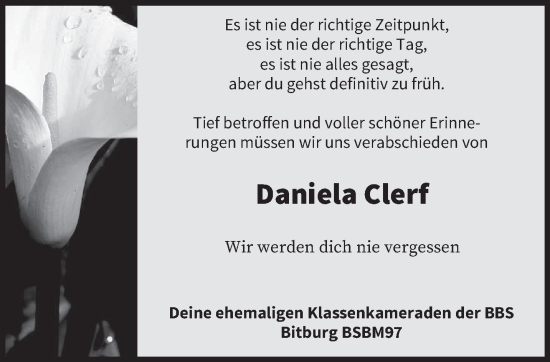 Traueranzeige von Daniela Clerf von trierischer_volksfreund