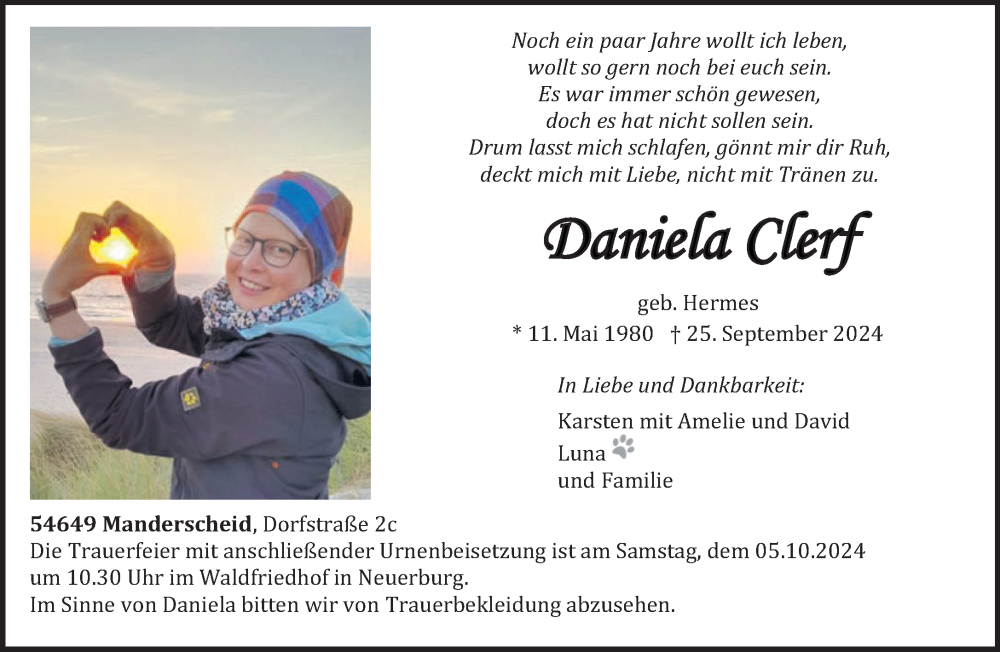  Traueranzeige für Daniela Clerf vom 02.10.2024 aus trierischer_volksfreund