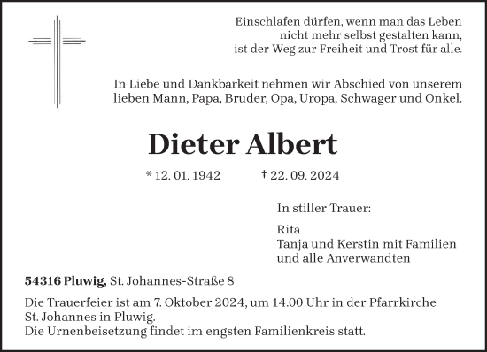 Traueranzeige von Dieter Albert von trierischer_volksfreund