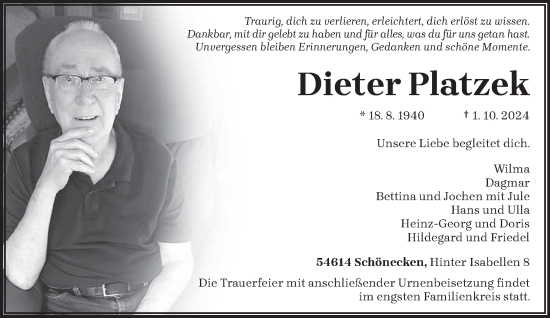 Traueranzeige von Dieter Platzek von trierischer_volksfreund