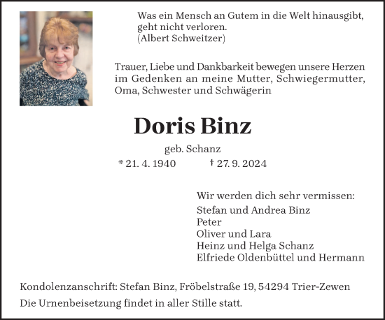 Traueranzeige von Doris Binz von trierischer_volksfreund