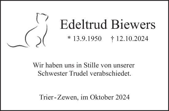 Traueranzeige von Edeltrud Biewers von trierischer_volksfreund