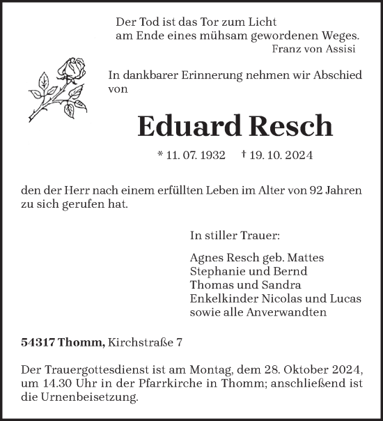 Traueranzeige von Eduard Resch von trierischer_volksfreund