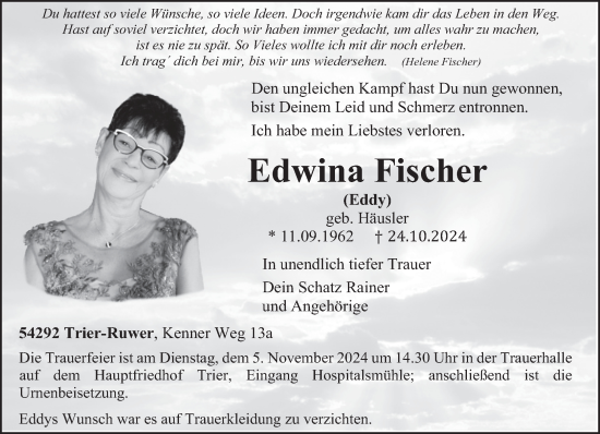 Traueranzeige von Edwina Fischer von trierischer_volksfreund