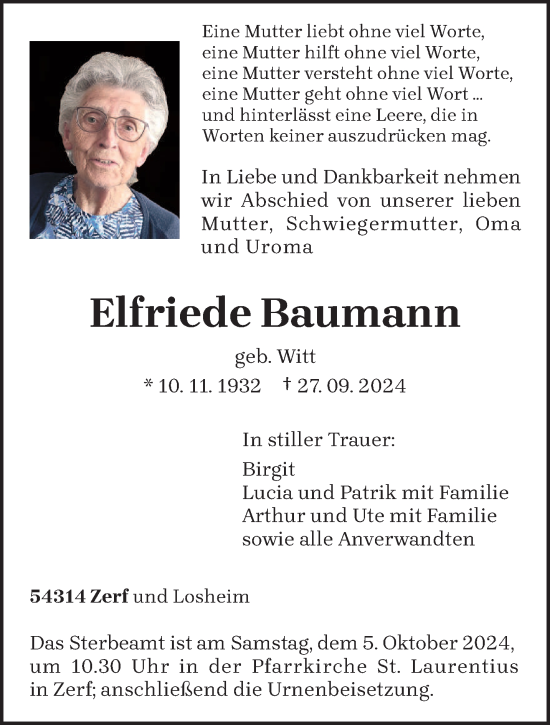 Traueranzeige von Elfriede Baumann von trierischer_volksfreund