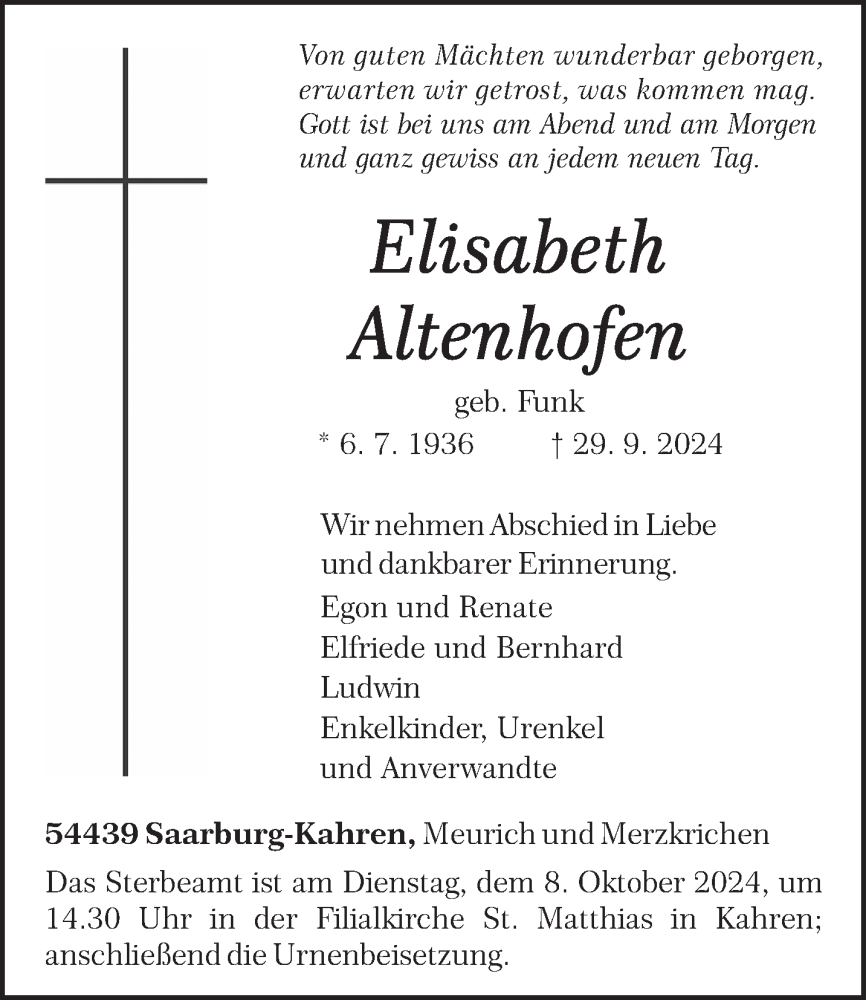  Traueranzeige für Elisabeth Altenhofen vom 05.10.2024 aus trierischer_volksfreund