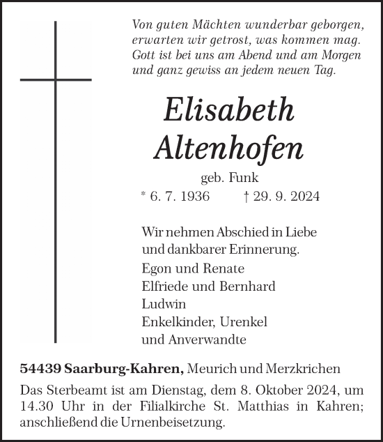 Traueranzeige von Elisabeth Altenhofen von trierischer_volksfreund