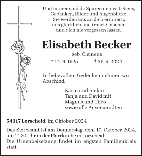 Traueranzeige von Elisabeth Becker von trierischer_volksfreund