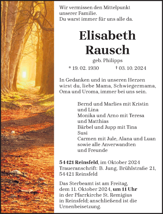 Traueranzeige von Elisabeth Rausch von trierischer_volksfreund