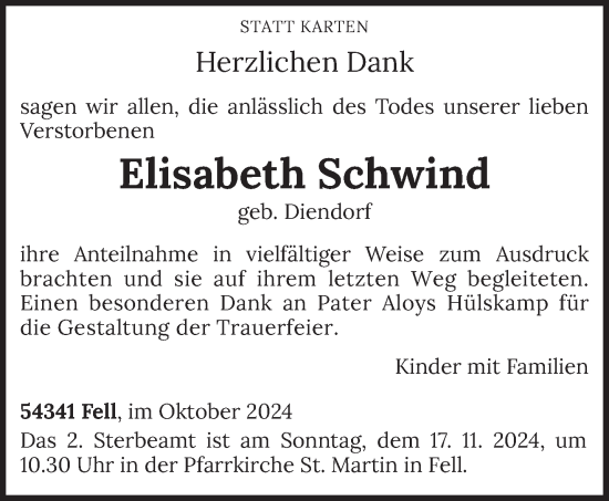 Traueranzeige von Elisabeth Schwind von trierischer_volksfreund