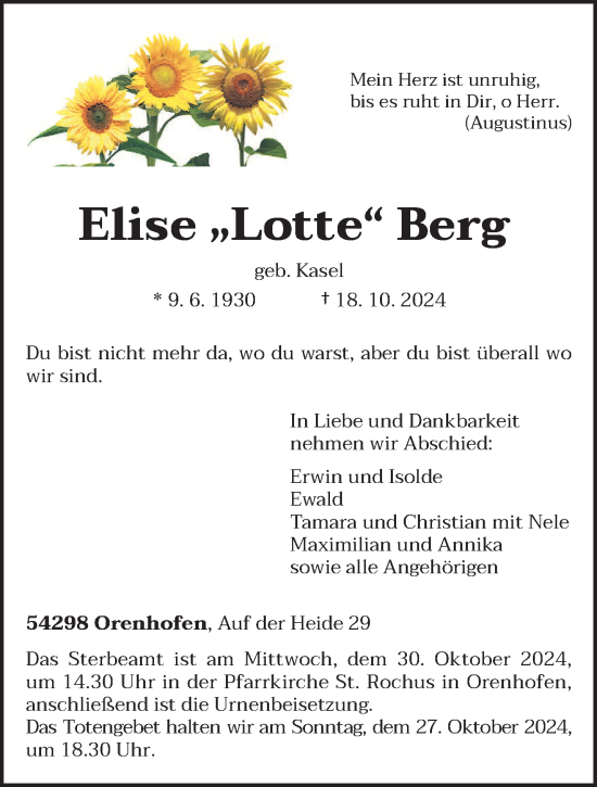 Traueranzeige von Elise  Berg von trierischer_volksfreund