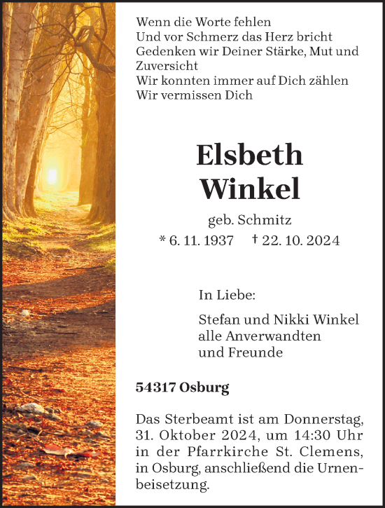 Traueranzeige von Elsbeth Winkel von trierischer_volksfreund