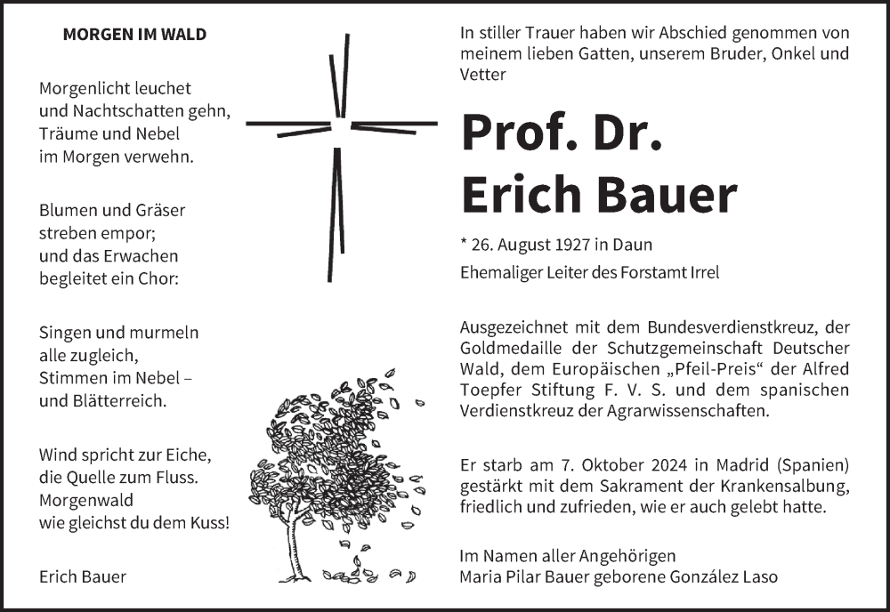  Traueranzeige für Erich Bauer vom 19.10.2024 aus trierischer_volksfreund