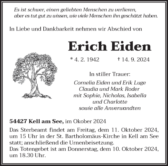 Traueranzeige von Erich Eiden von trierischer_volksfreund