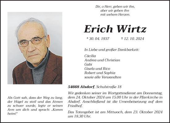 Traueranzeige von Erich Wirtz von trierischer_volksfreund
